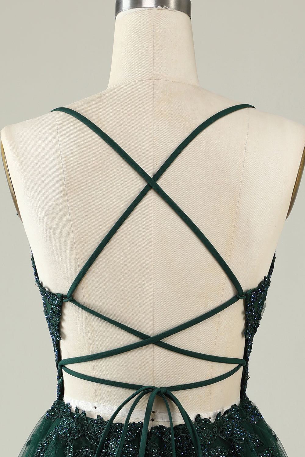 Spaghetti Straps Dark Green Short Tulle Homecoming Dress with Appliques