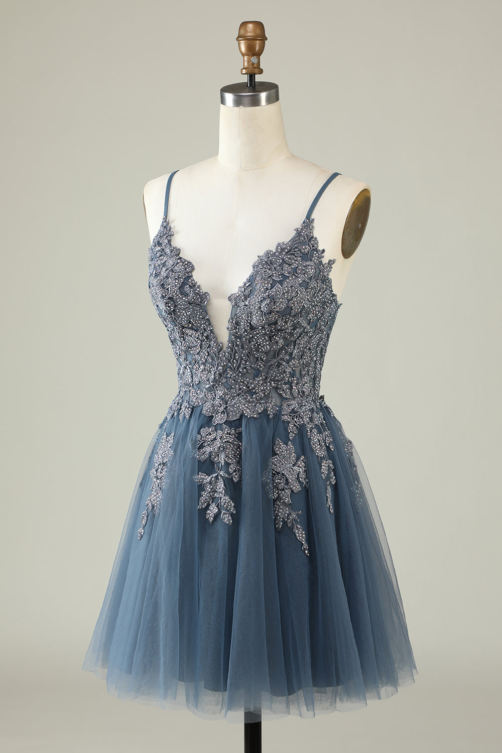Spaghetti Straps Grey Blue Short Tulle Homecoming Dress with Appliques