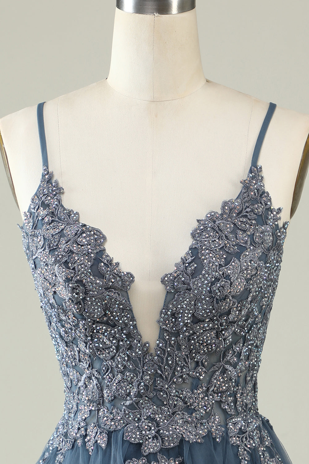Spaghetti Straps Grey Blue Short Tulle Homecoming Dress with Appliques