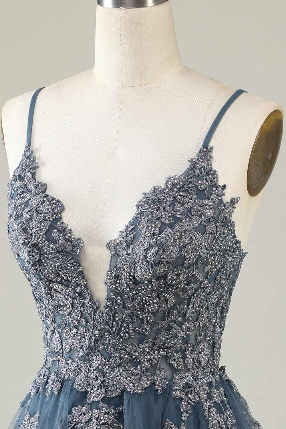 Spaghetti Straps Grey Blue Short Tulle Homecoming Dress with Appliques