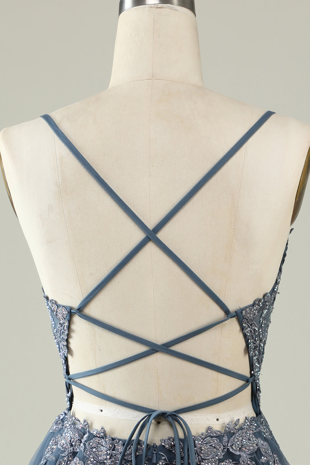 Spaghetti Straps Grey Blue Short Tulle Homecoming Dress with Appliques