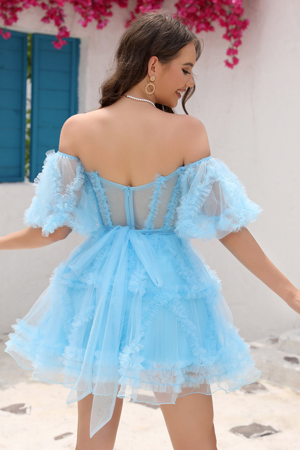 Blush Tulle Off The Shoulder Short Homecoming Dress