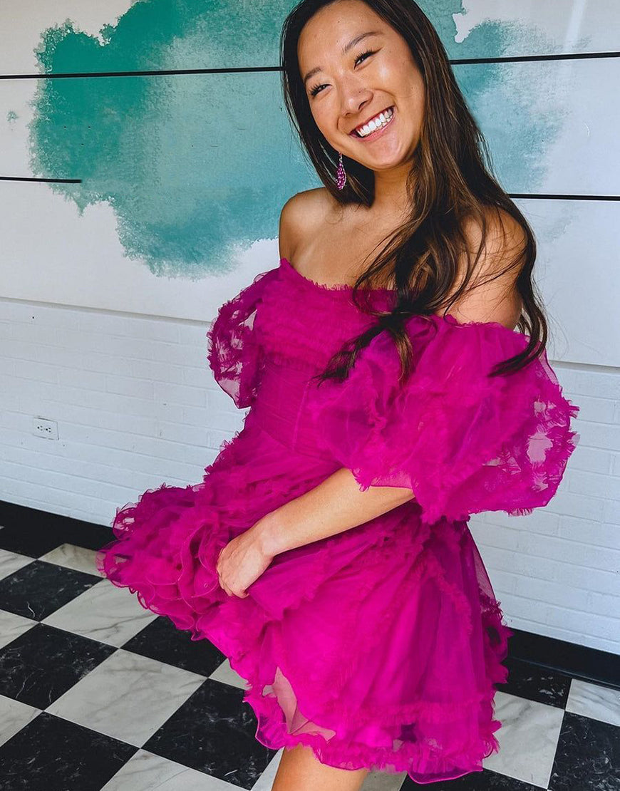 Fuchsia A-Line Off The Shoulder Short Tulle Party Dress - Fashionpara