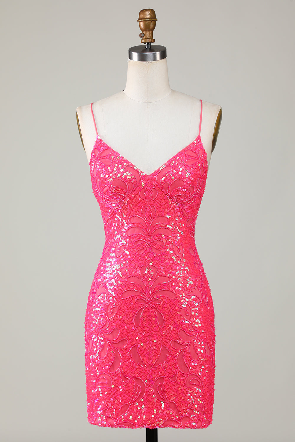 Unique Sparkly Fuchsia Beaded Tight Short Homecoming Dress - Fashionpara