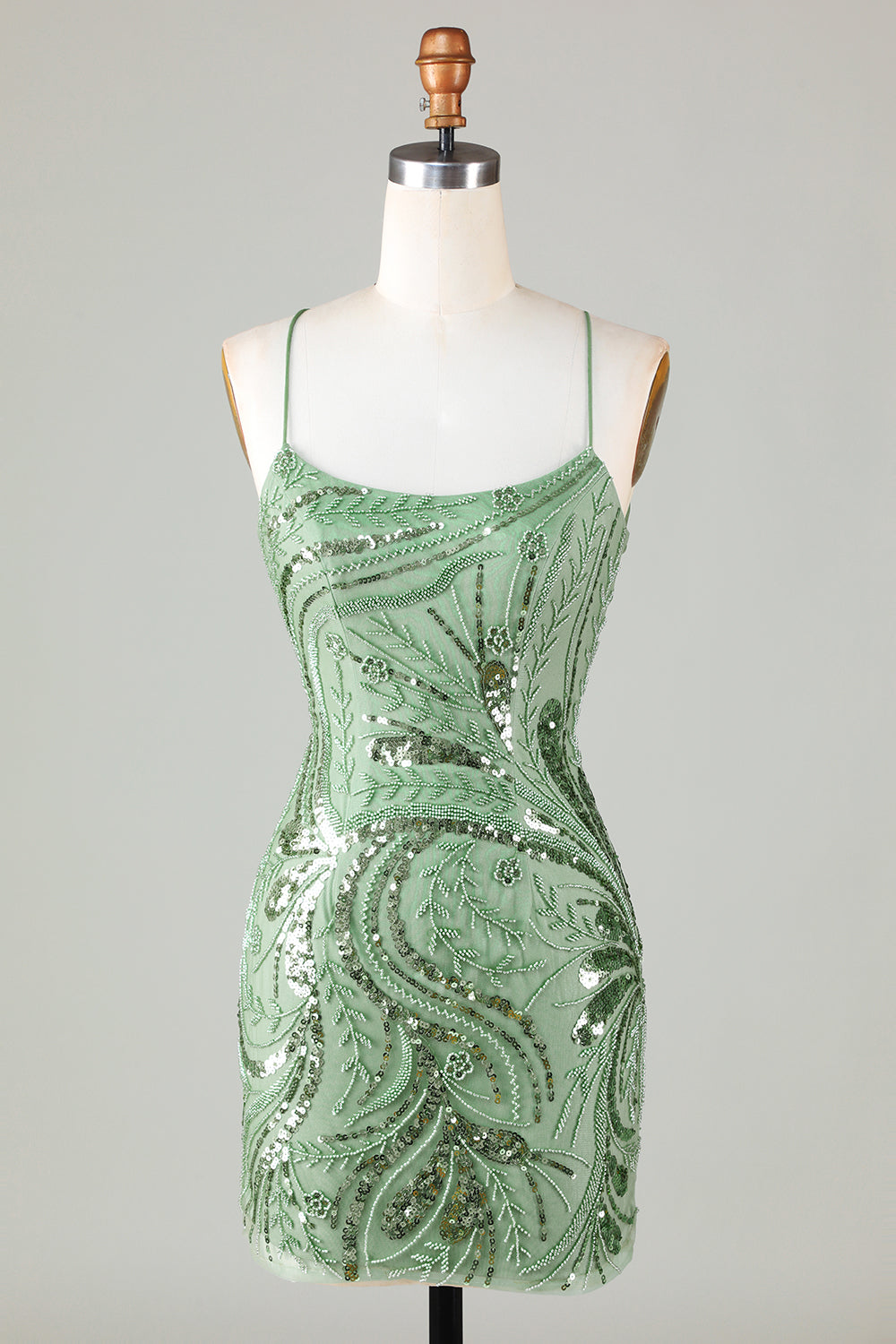 Green Spaghetti Straps Tight Glitter Homecoming Dress with Beaded