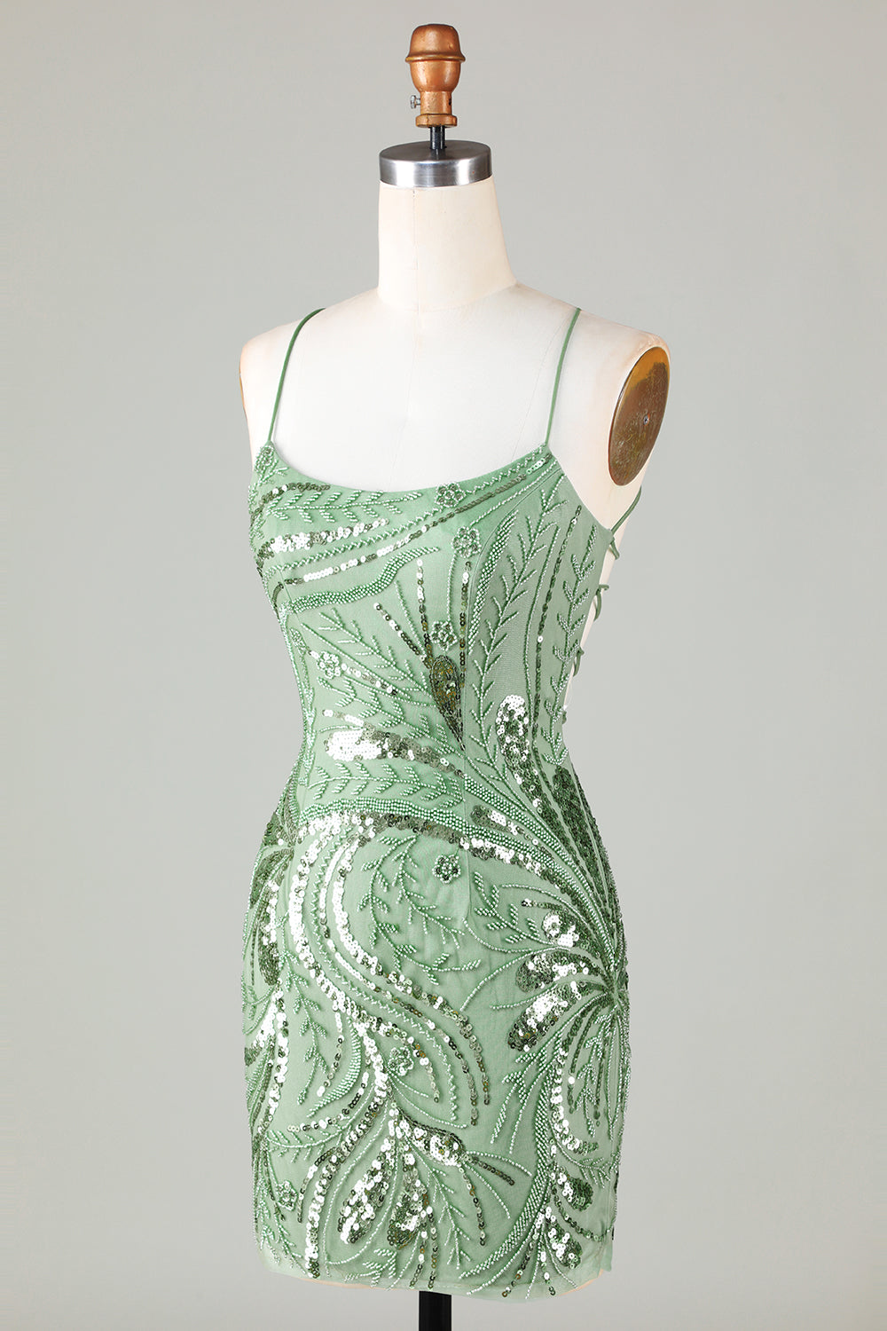 Green Spaghetti Straps Tight Glitter Homecoming Dress with Beaded