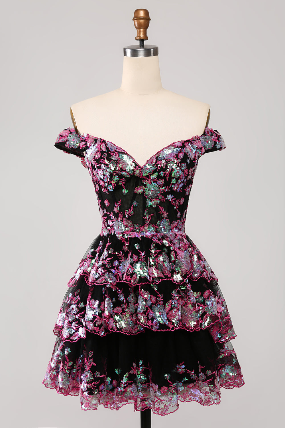 Cute Sparkly Hot Pink A Line Tiered Corset Lace Short Homecoming Dress - Fashionpara