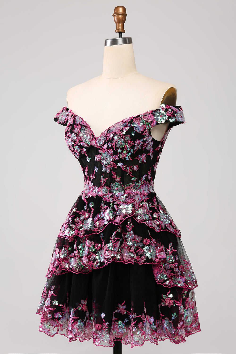 Cute Sparkly Hot Pink A Line Tiered Corset Lace Short Homecoming Dress - Fashionpara
