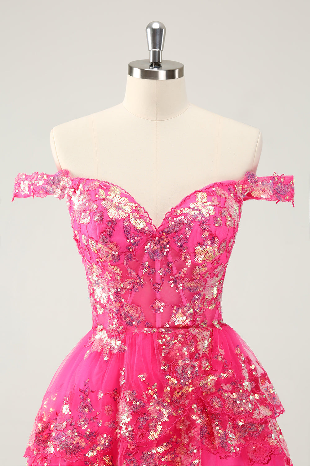 Cute Sparkly Hot Pink A Line Tiered Corset Lace Short Homecoming Dress - Fashionpara