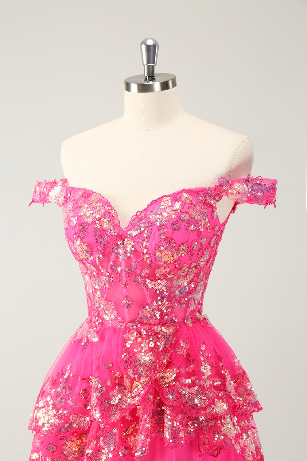 Cute Sparkly Hot Pink A Line Tiered Corset Lace Short Homecoming Dress - Fashionpara