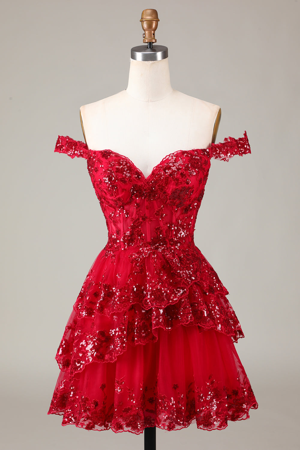 Cute Sparkly Hot Pink A Line Tiered Corset Lace Short Homecoming Dress - Fashionpara