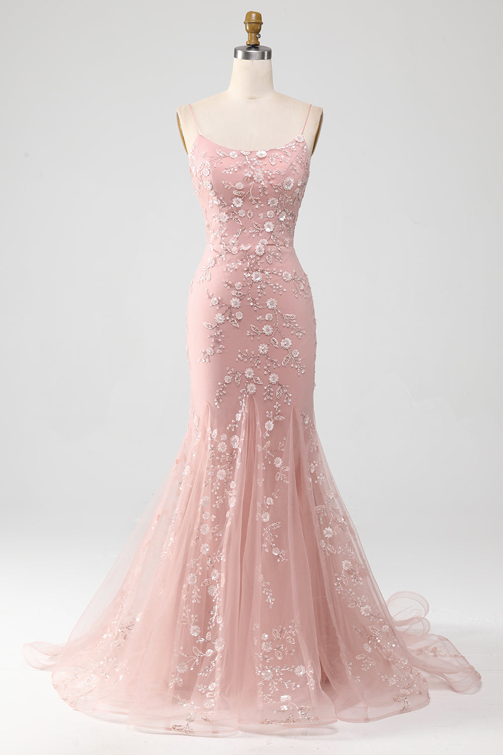 Elegant Blush Prom Dress with Lace Mermaid Floral Pageant Dress with
