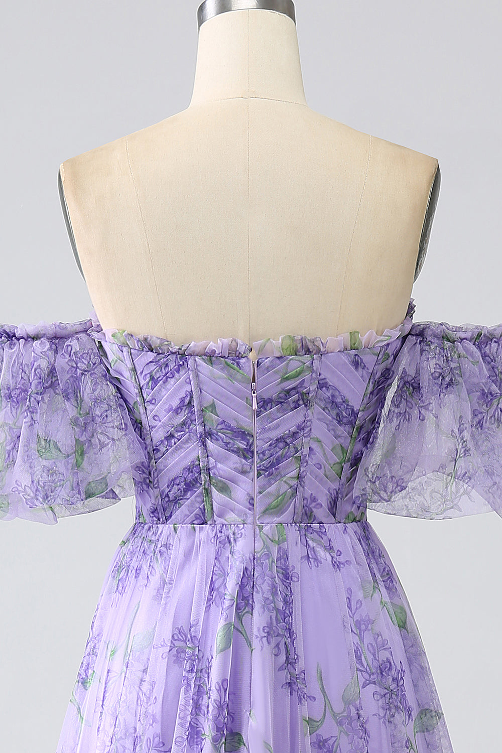 Printed Lavender Off the Shoulder A line Prom Dress with Removable Sleeves