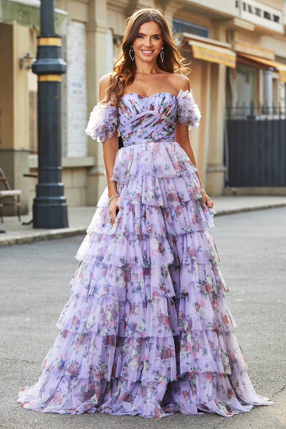 Gorgeous A Line Off the Shoulder Lavender Printed Long Prom Dress with Ruffles