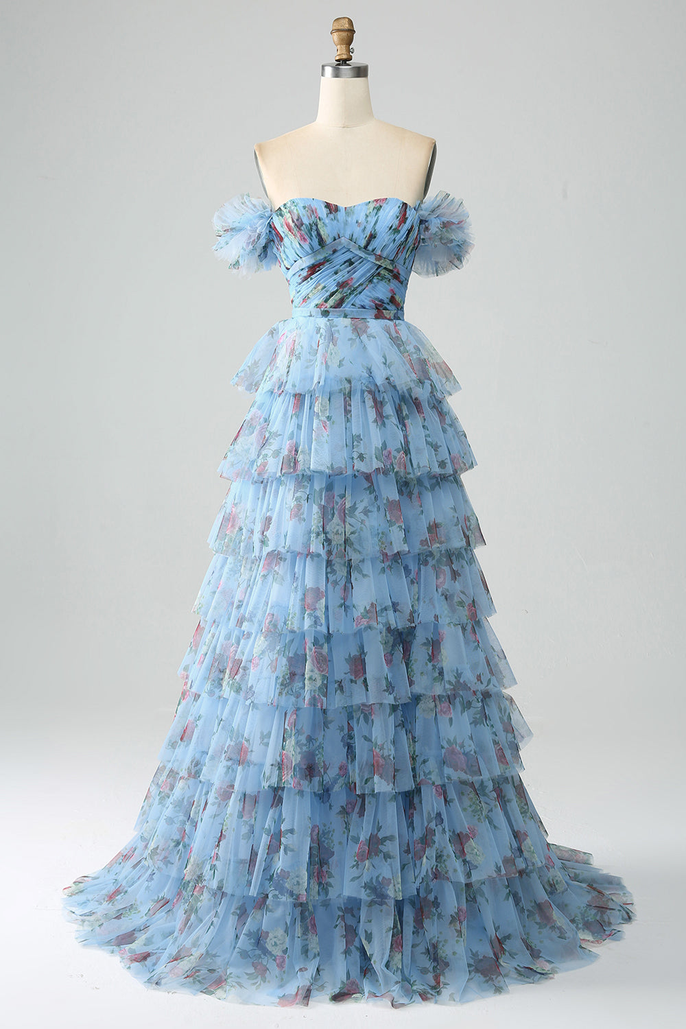 Gorgeous A Line Off the Shoulder Lavender Printed Long Prom Dress with Ruffles