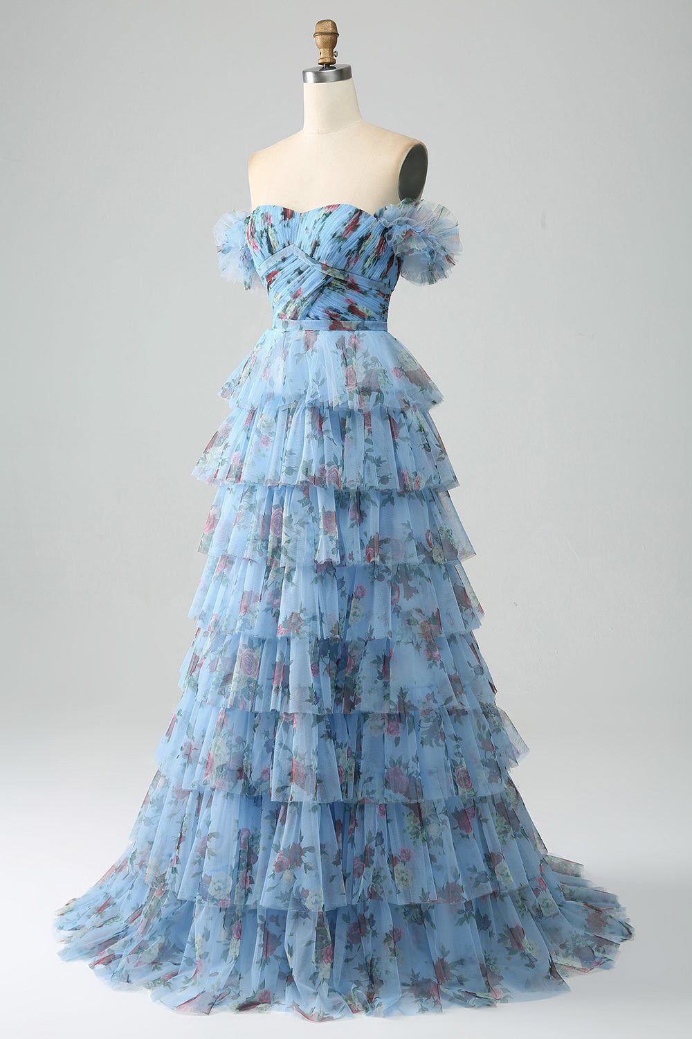Gorgeous A Line Off the Shoulder Lavender Printed Long Prom Dress with Ruffles