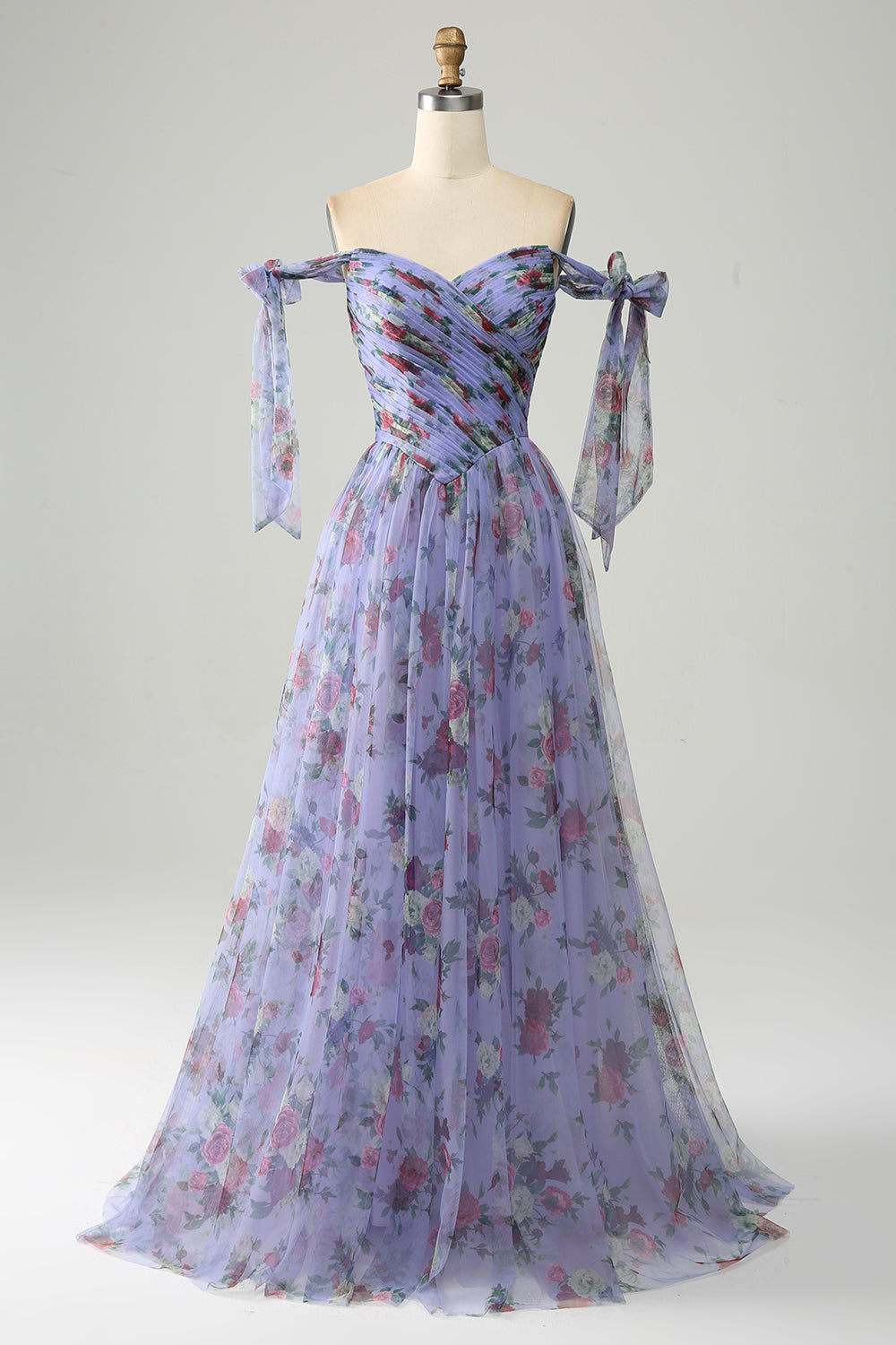 Lavender Floral Print Tulle Prom Dress with Pleated
