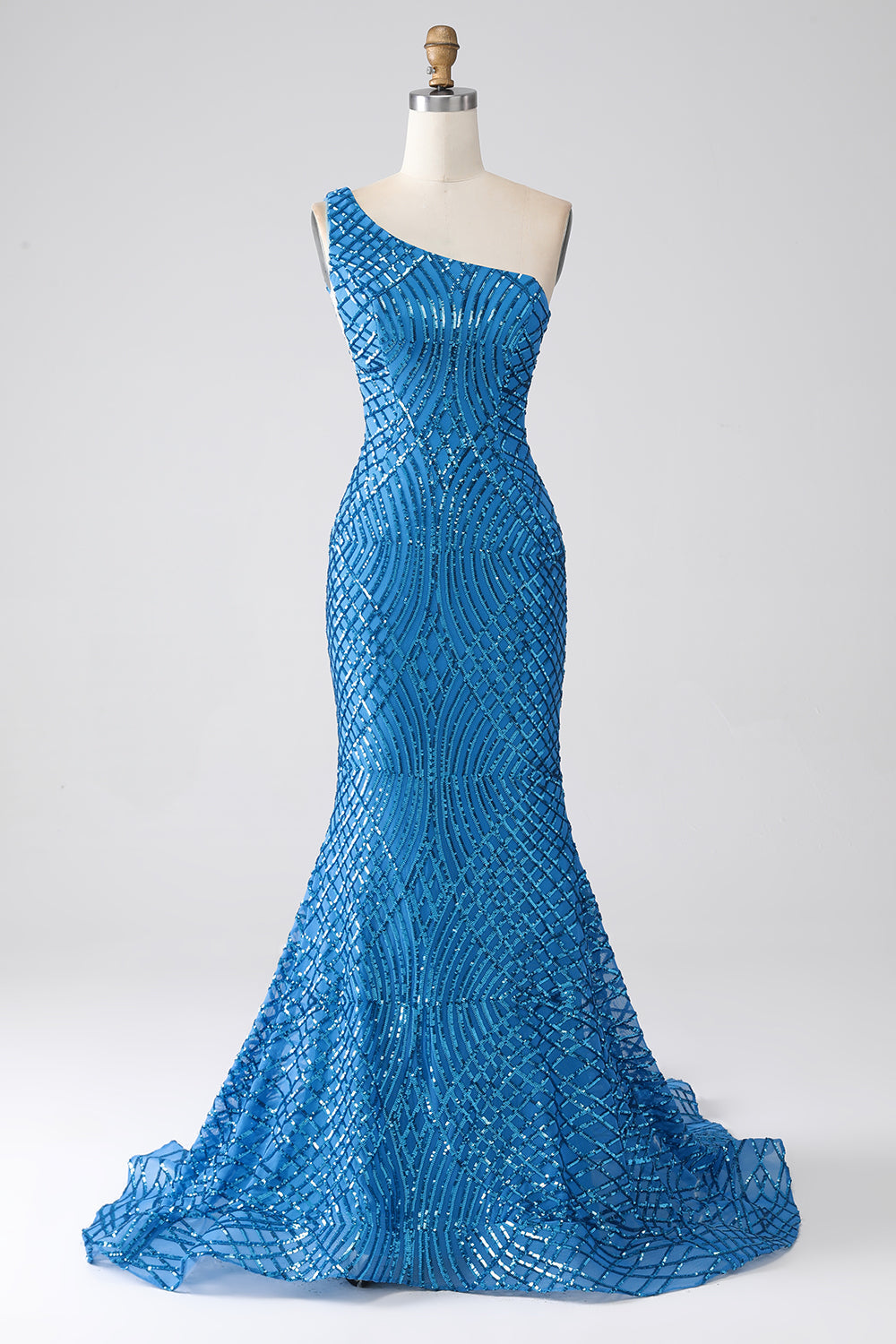 Blue Mermaid One Shoulder Sequins Long Prom Dress - Fashionpara