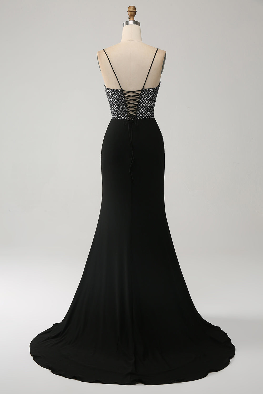 Mermaid Black Spaghetti Straps  Long Corset Prom Dress with Slit