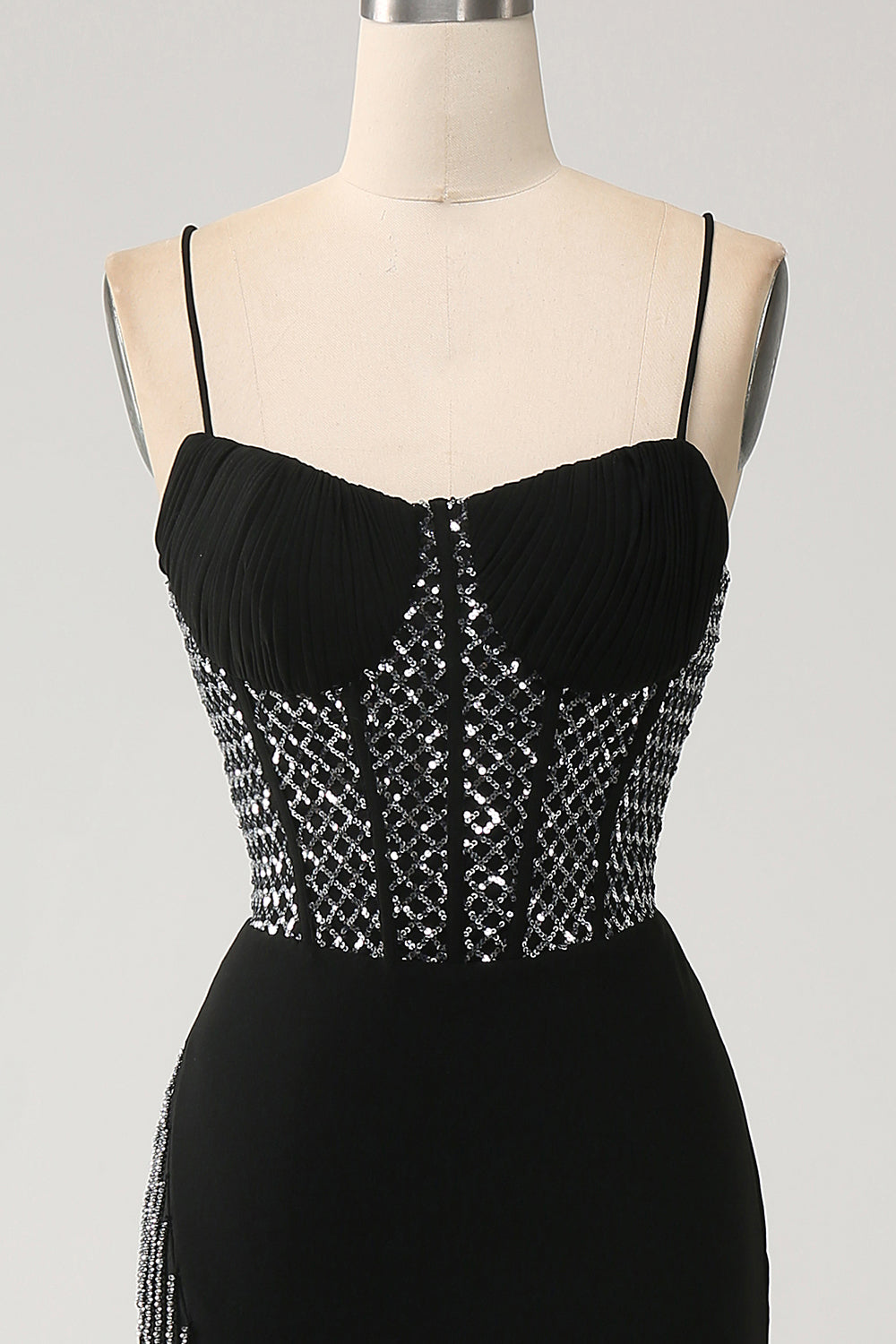 Mermaid Black Spaghetti Straps  Long Corset Prom Dress with Slit