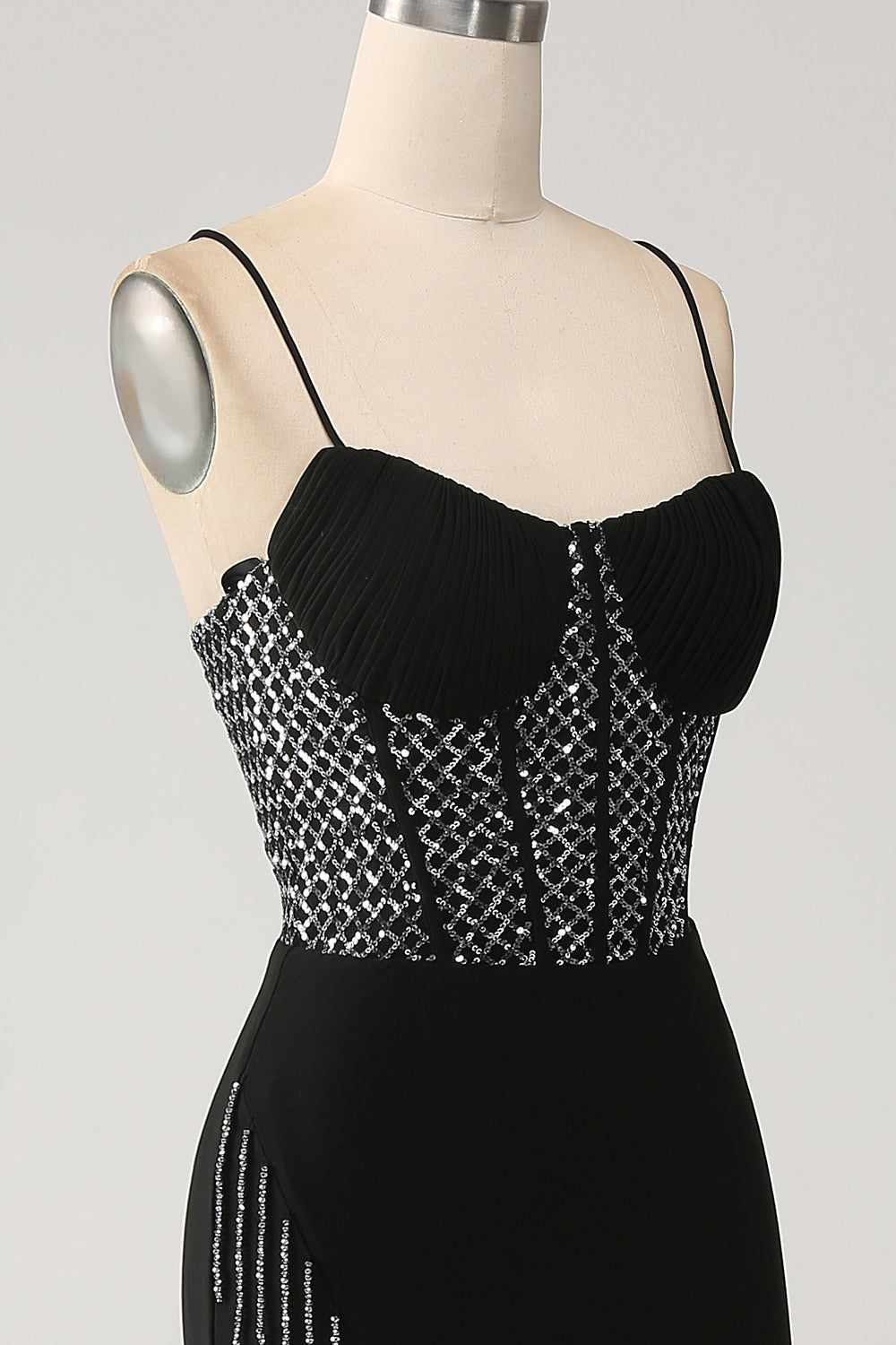 Mermaid Black Spaghetti Straps  Long Corset Prom Dress with Slit