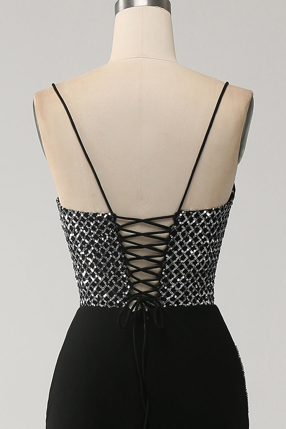 Mermaid Black Spaghetti Straps  Long Corset Prom Dress with Slit