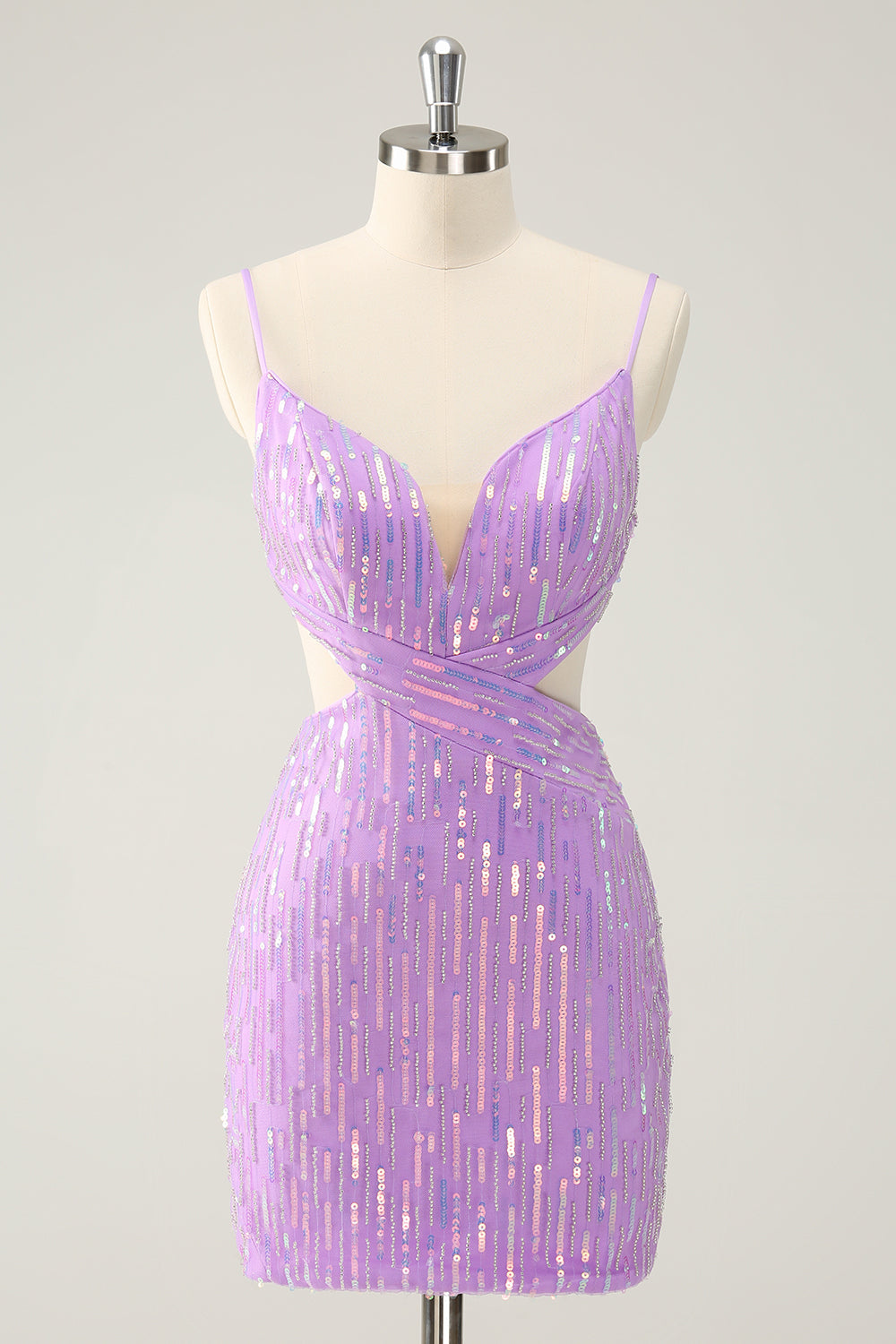 Glitter Purple Tight Sequined V Neck Short Homecoming Dress - Fashionpara