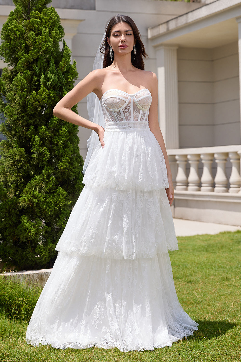 Elegant White Strapless Corset Tiered Long Bridal Party Dress with Lace - Fashionpara
