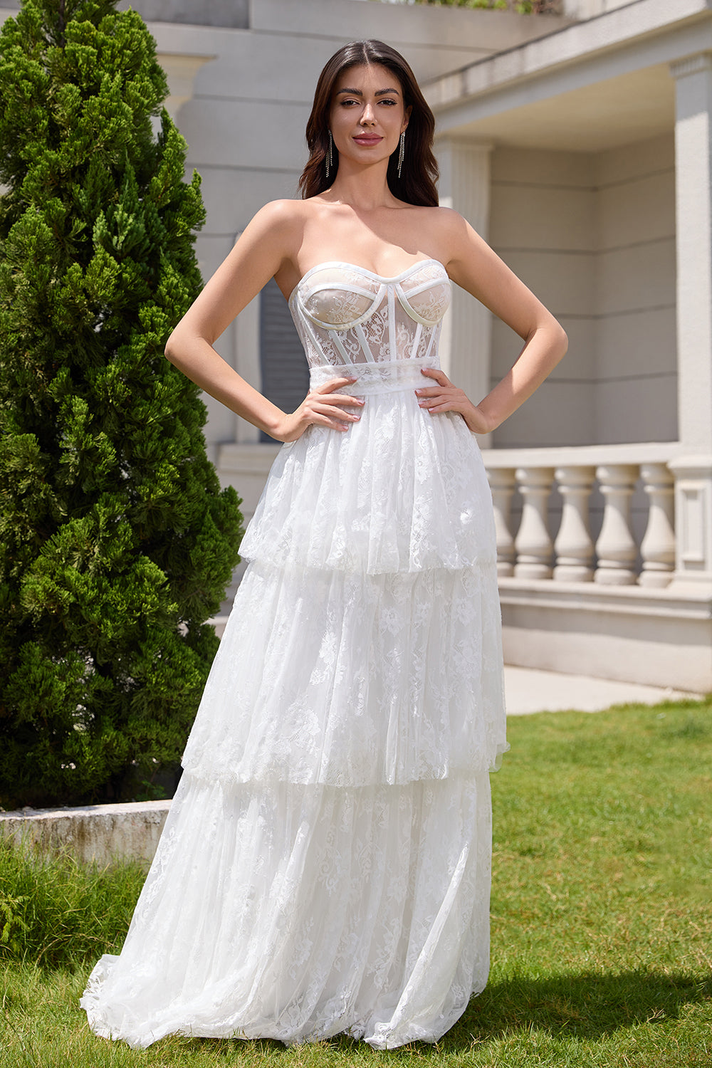 Elegant White Strapless Corset Tiered Long Bridal Party Dress with Lace - Fashionpara