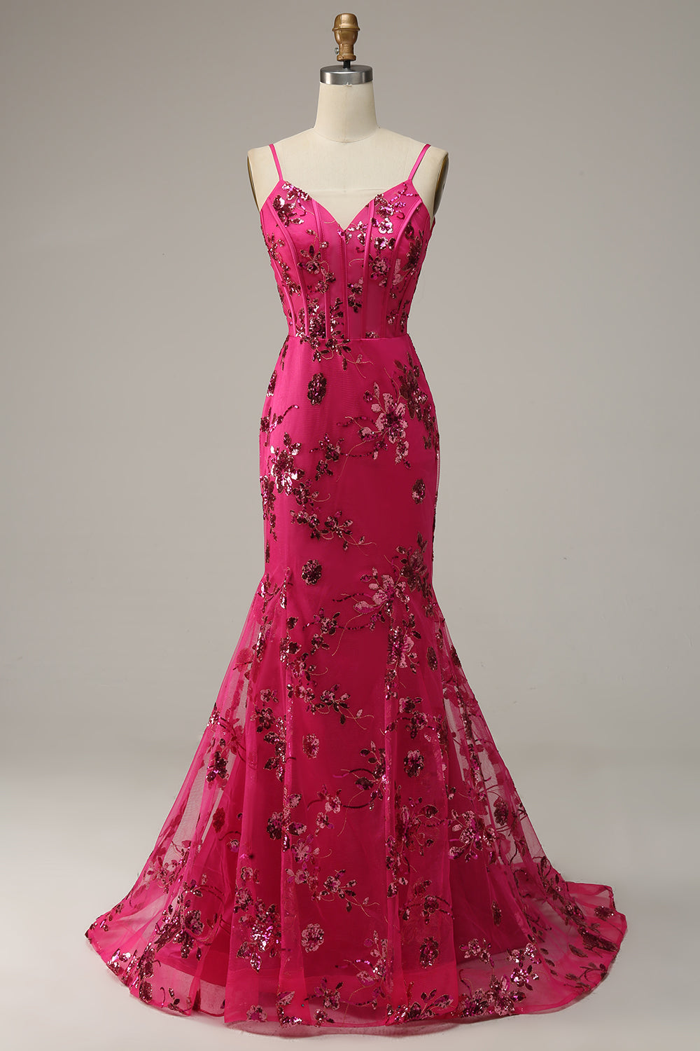 Hot Pink Sequins Print Mermaid Prom Dress - Fashionpara
