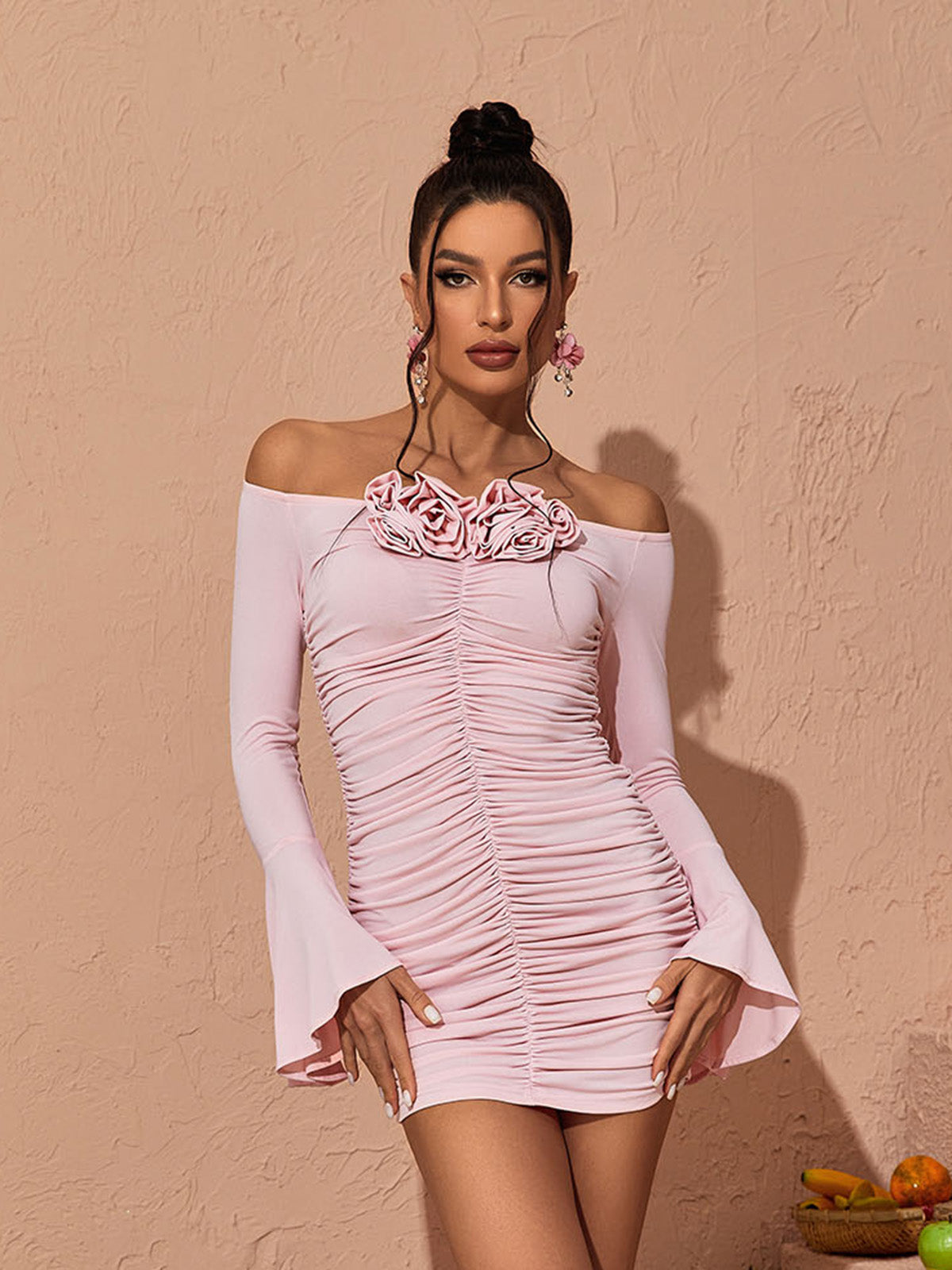 Yara Off Shoulder Rose Ruched Mini Dress