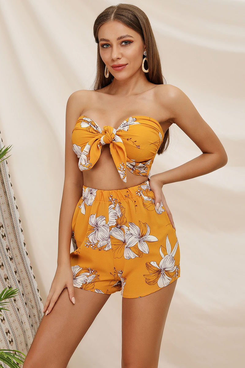 Yellow Floral Bandeau Knot Front Two Piece Sets
