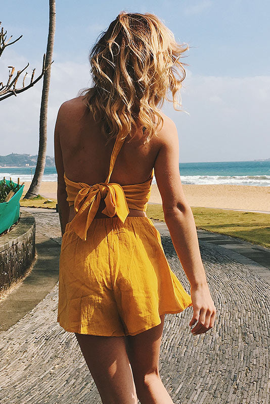 Yellow Halter&Lace-up Backless Crop Two Piece Sets