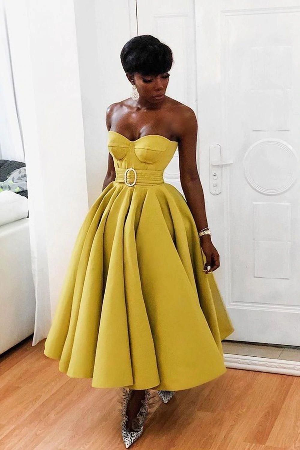 Yellow A-line Strapless Homecoming Dress With Belt - Fashionpara