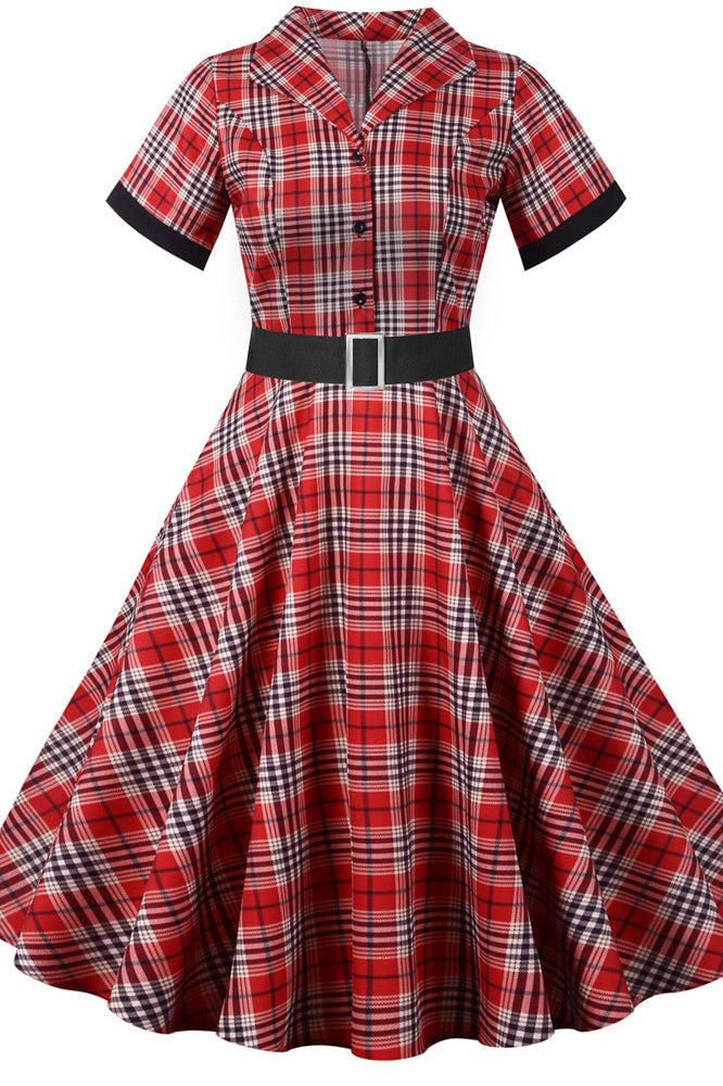 Yellow Midi Plaid Short Sleeve Swing Dress  Fashionpara