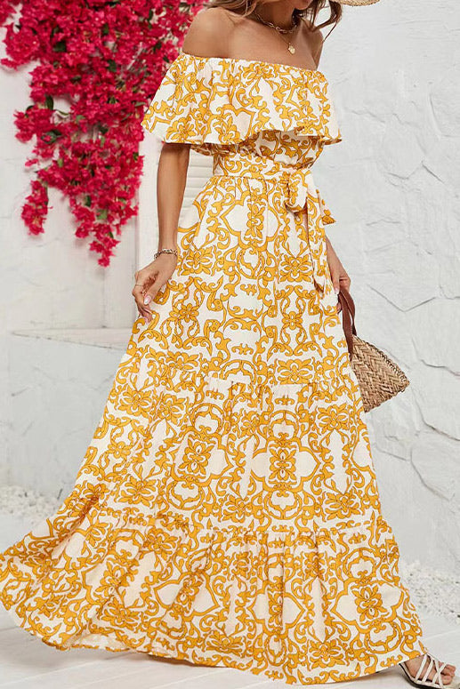 Off-Shoulder Ruffle Baroque Print Tiered Maxi Dress