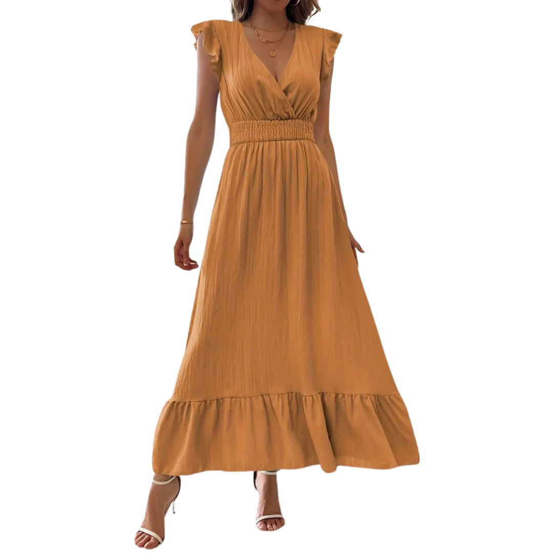 V-Neck Ruffle Cap Sleeve Smocked Waist Ruffle Hem Midi Dress 4