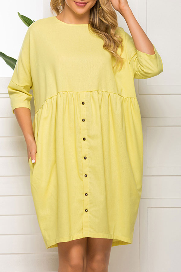 Yellow Scoop Buttoned Loose Dress