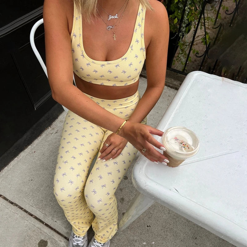 Plaid Bow Print Crop Tank High Waist Slim Leggings Two Pieces Set