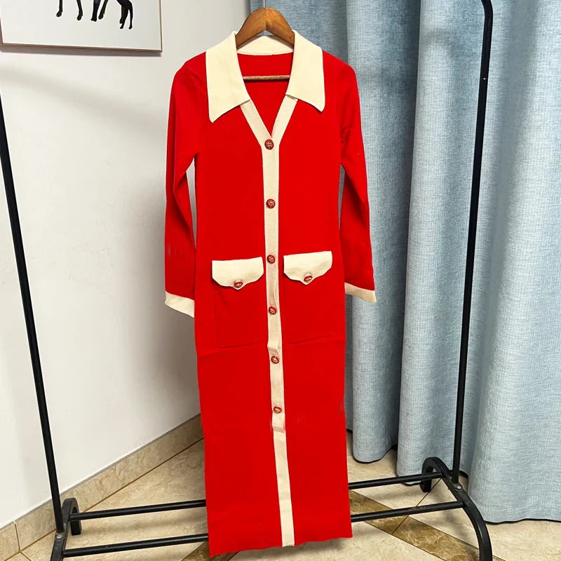 Knitted Turn-down Collar Red Black Christmas Party Dress - Fashionpara