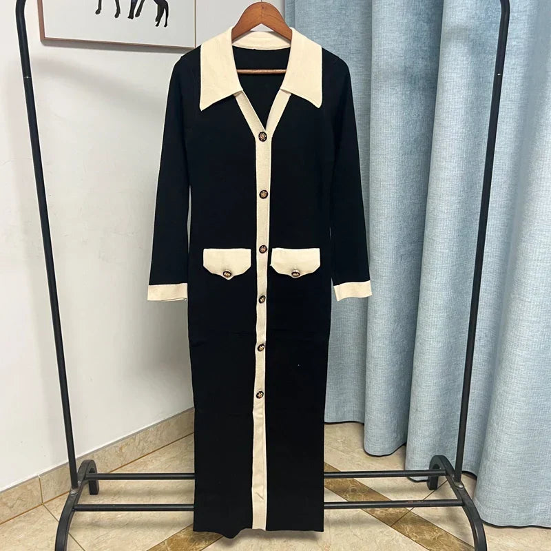 Contrast Collar Button Front Knit Midi Dress 7