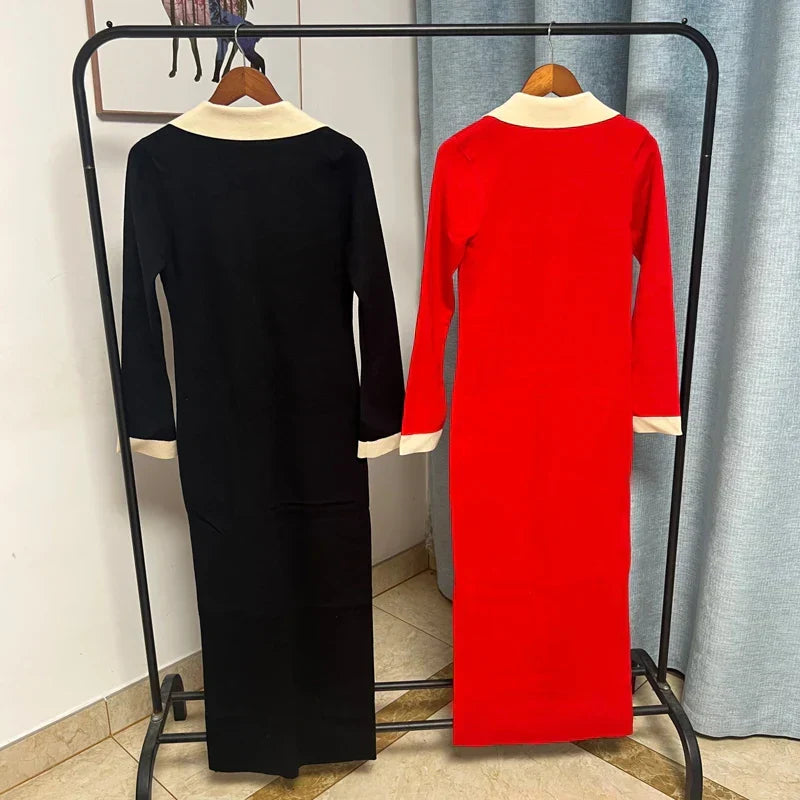 Contrast Collar Long Sleeve Button Front Bodycon Midi Dress