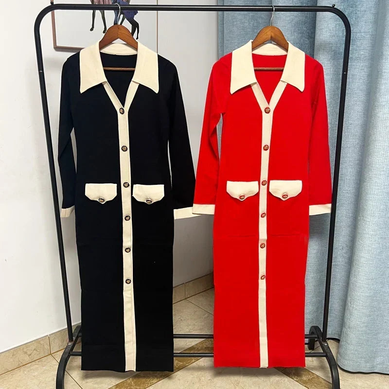 Contrast Collar Button Front Knit Midi Dress 2