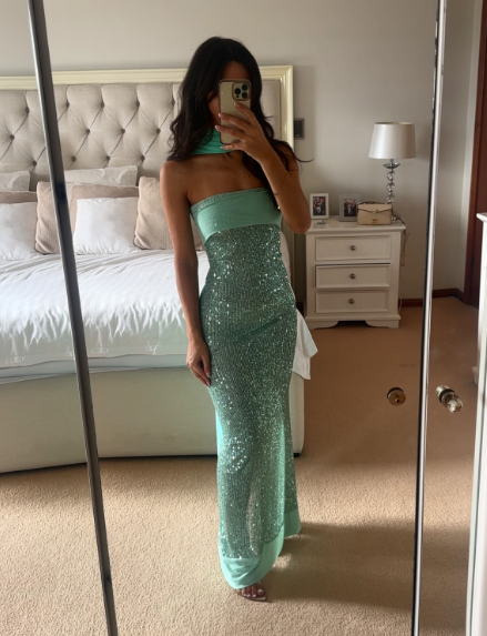 Sparkly Strapless Green Sequin Mermaid Prom Dress Long Party Gown With Ribbon D1032