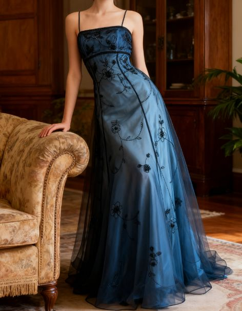 Gorgeous Spaghetti Straps Blue Tulle Beaded Mermaid Eevening Dress Long Birthday Party Gown D1695