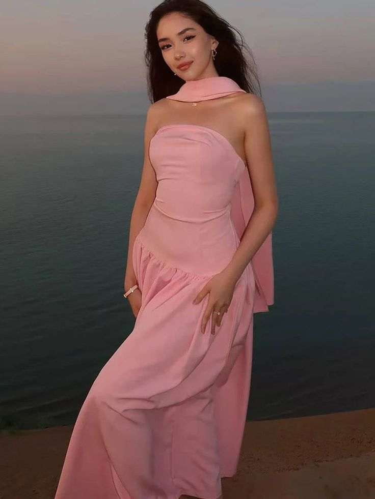 Classy Sleeveless Pink Satin Strapless Long Party Dress Prom Dress With Scarf D958