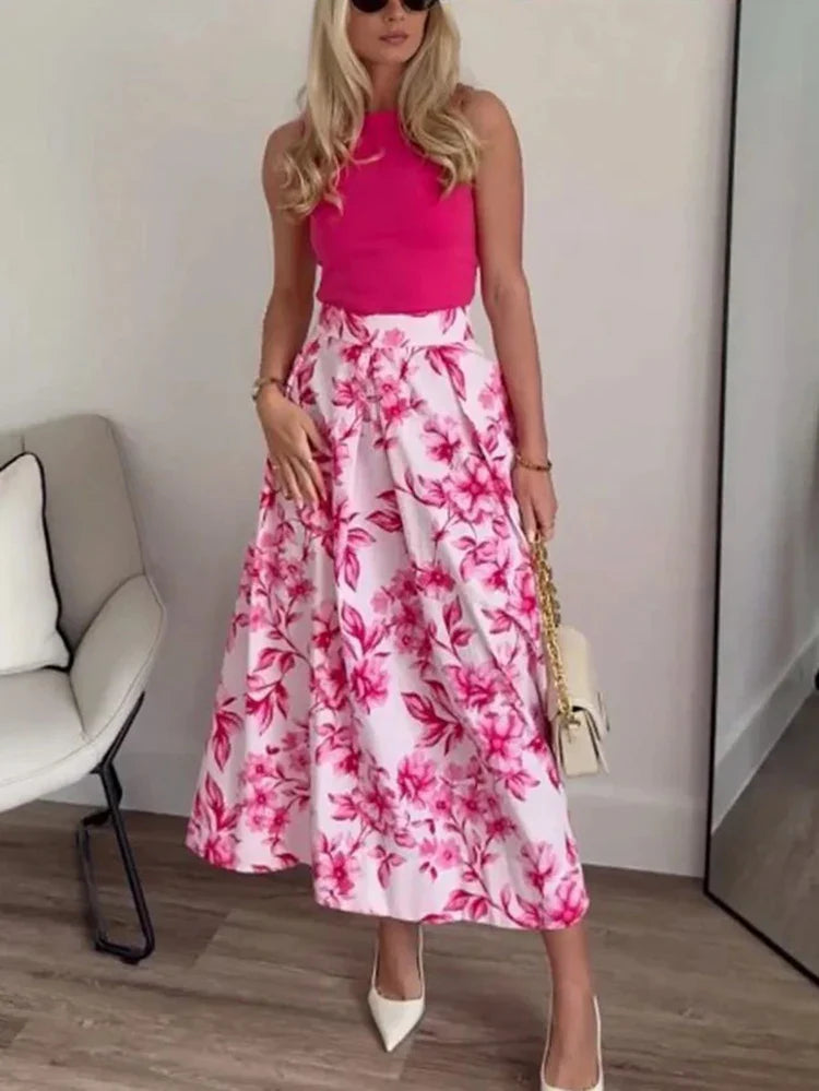 Pink Floral Printed Casual Pleated Skirt High Waist Zip