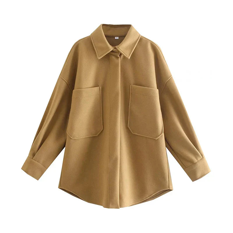 Casual Camel Woolen Loose Pocket Overcoat