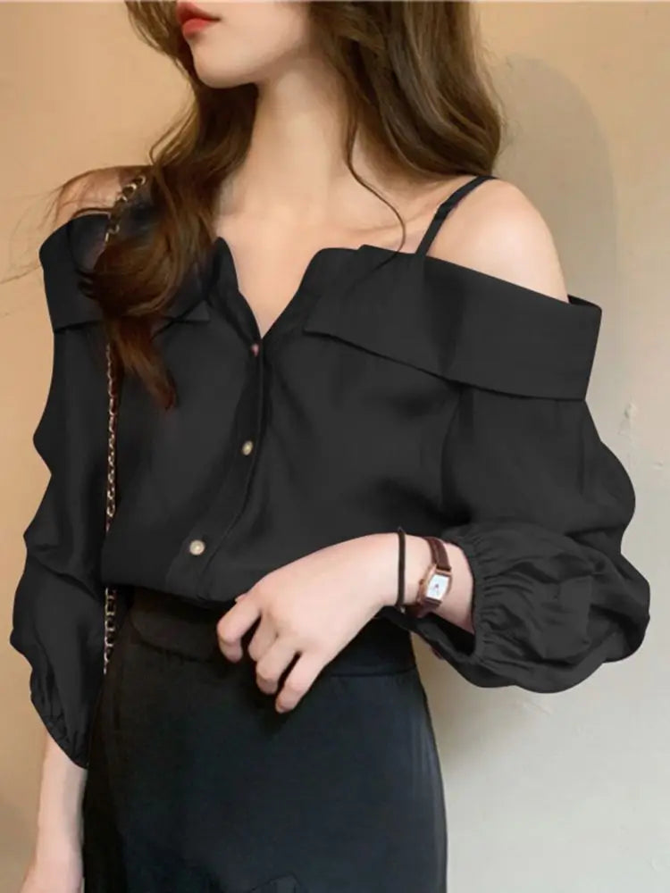 Sexy Off Shoulder Pleated Solid Blouse