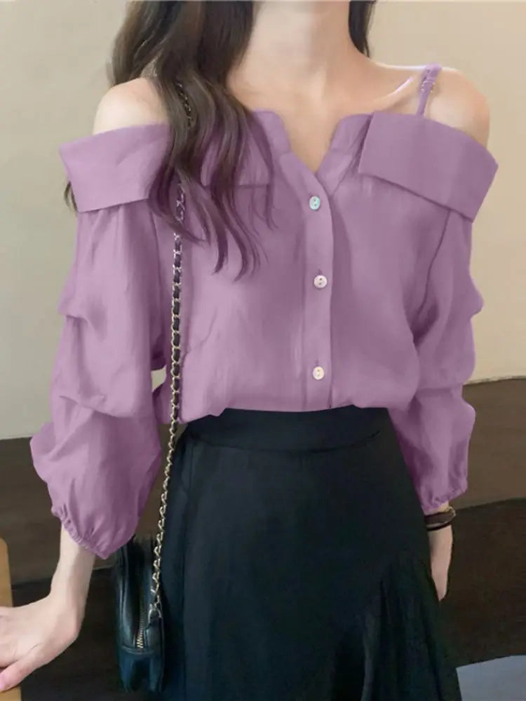Sexy Off Shoulder Pleated Solid Blouse